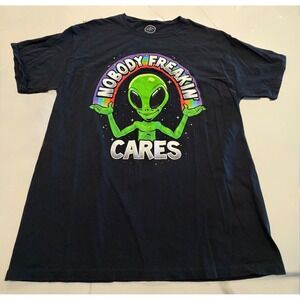 DXM Nobody Freakin Cares Alien Rainbow Graphic T-Shirt Mens Large Black Cotton